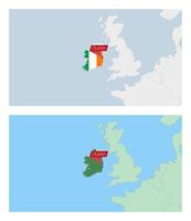 Ireland map with pin of country capital. Two types of Ireland map with neighboring countries. vector