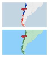 Chile map with pin of country capital. Two types of Chile map with neighboring countries. vector