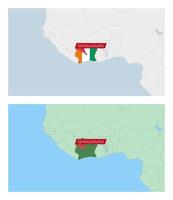 Ivory Coast map with pin of country capital. Two types of Ivory Coast map with neighboring countries. vector