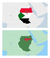 Sudan map with pin of country capital. Two types of Sudan map with neighboring countries. vector