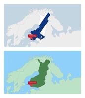 Finland map with pin of country capital. Two types of Finland map with neighboring countries. vector