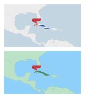Cuba map with pin of country capital. Two types of Cuba map with neighboring countries. vector