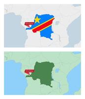 DR Congo map with pin of country capital. Two types of DR Congo map with neighboring countries. vector