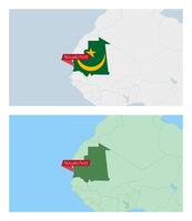 Mauritania map with pin of country capital. Two types of Mauritania map with neighboring countries. vector