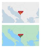 Montenegro map with pin of country capital. Two types of Montenegro map with neighboring countries. vector