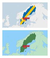 Sweden map with pin of country capital. Two types of Sweden map with neighboring countries. vector