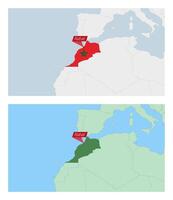 Morocco map with pin of country capital. Two types of Morocco map with neighboring countries. vector