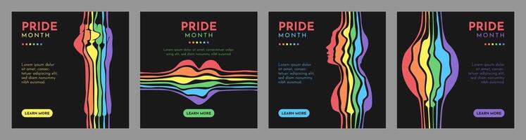pride month simple minimal design with illustration of creative rainbow heart, balloon, human face, crowd hand using abstract random lines vector