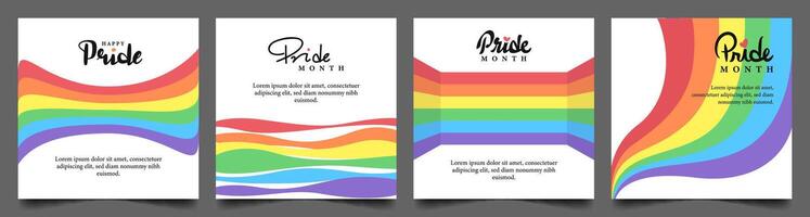 set of happy pride month minimal square banner design with rainbow colors and pride text calligraphy vector
