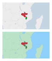 Malawi map with pin of country capital. Two types of Malawi map with neighboring countries. vector