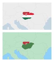 Hungary map with pin of country capital. Two types of Hungary map with neighboring countries. vector