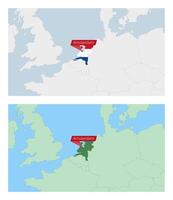 Netherlands map with pin of country capital. Two types of Netherlands map with neighboring countries. vector