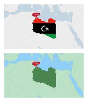 Libya map with pin of country capital. Two types of Libya map with neighboring countries. vector