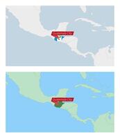 Guatemala map with pin of country capital. Two types of Guatemala map with neighboring countries. vector