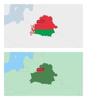 Belarus map with pin of country capital. Two types of Belarus map with neighboring countries. vector