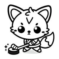 A black and white drawing of a cat with a hockey stick png