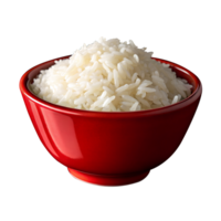 A Close-up View of a Generous Fluffy White Rice Served in a vibrant red bowl isolated on transparent background. png