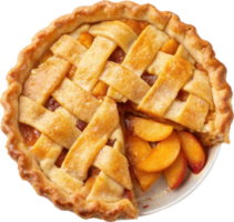 Homemade peach pie with a flaky crust and a lattice top revealing the juicy ripe peach filling inside png