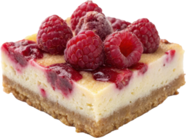 Decadent raspberry cheesecake bar with a creamy tangy filling and a buttery graham cracker crust topped with fresh juicy raspberries png