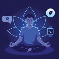 Tech and yoga balance person meditating in lotus pose with tech gear around vector