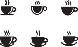 Collection Of Black Coffee Cup Icons Showing Steam In Multiple Styles vector