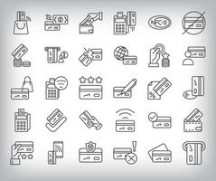 Simple icon set of 30 linear credit card bank company ions. ATM, post device, account, wallet and banking design. vector