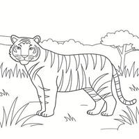 Black and white coloring page of a majestic tiger in a jungle setting. vector
