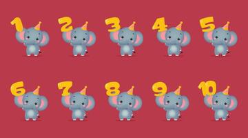 Cute elephant set with anniversary numbers from 1 to 10 illustration. vector