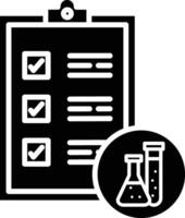 A black and white icon of a clipboard with a test tube and a check mark vector