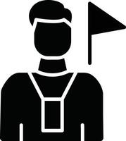 A black and white icon of a man holding a flag vector