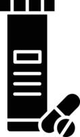 A pill bottle and pills are shown in black and white vector