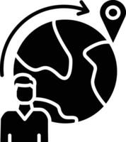 A person is standing in front of a globe with a pin pointing to a location vector