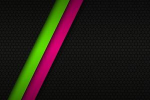Black abstract background with two bright stripes and hexagonal patern, pink and green oblique lines, modern background vector