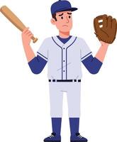 Young baseball player in a white uniform holding a bat and glove, flat design, expressive pose showcasing uncertainty, art vector