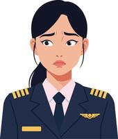 Female airline pilot in a uniform expressing concern in a flat, minimal illustration vector