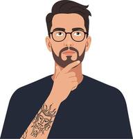 Thoughtful man with a beard and tattoos wearing glasses in a minimal flat illustration style, contemplating ideas in a modern setting, art vector