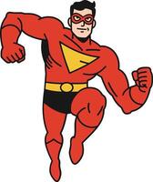 Heroic man in a red costume with a yellow emblem, dynamically posed in a flat design illustration vector