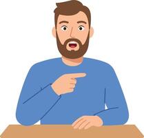 A surprised man with a beard gesturing while seated at a table in a flat illustration vector