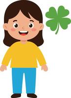 Happy child smiling while holding a green four-leaf clover in a minimal and cheerful flat illustration vector