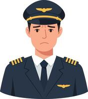 Professional male airline pilot in uniform with a cap, flat design, displaying a serious expression in art vector