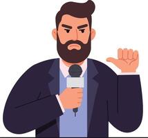 Confident man in a suit holding a microphone gesturing with his thumb down in a flat art style vector