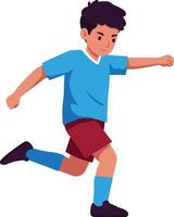 Young boy in blue jersey and red shorts running energetically on a soccer field in flat art style vector