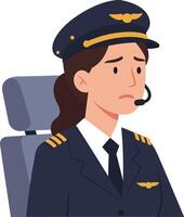A female pilot in a detailed uniform sitting in an airplane cockpit, expressing concern, created in a flat art style vector