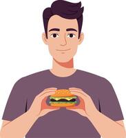 A young man smiling while holding a delicious hamburger in a minimal style illustration vector