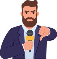 A serious man with a beard holding a microphone and showing a thumbs down gesture in a flat illustration vector