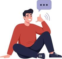 A young man sitting casually on the floor in a cozy setting making a phone gesture in a flat illustration vector