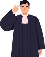 Judge in black robe with white collar making a gesture of thinking in flat illustration vector
