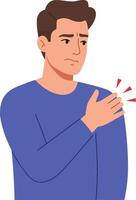A young man in a blue sweater expressing discomfort from shoulder pain in a flat illustration style conveying a sense of unease and concern in his expression vector