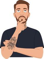 Thoughtful man with tattoos pondering a question in minimal flat design art vector