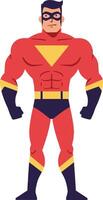 Bold superhero character standing confidently in a dynamic pose, showcasing a flat design style in vibrant colors, perfect for illustration vector
